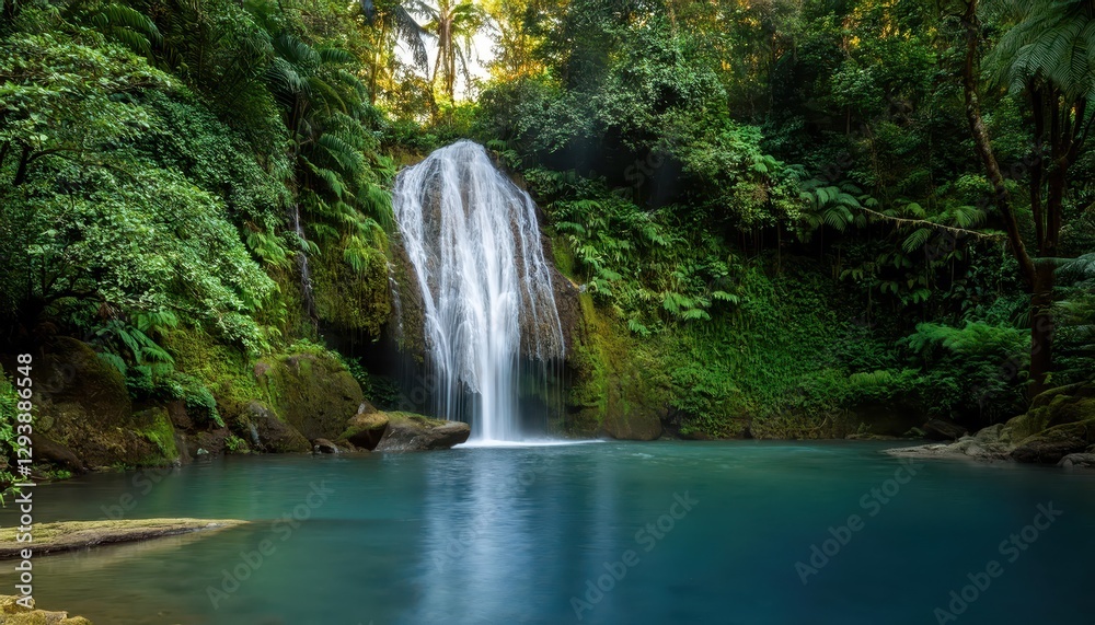 Serene Waterfall Amidst Lush Jungle A Tranquil Oasis Shrouded in Green, Showcasing the Majesty of Natures Symphony in a Tropical Paradise. Serene Waterfall Amidst Lush Jungle A Tranquil Oasis Shrouded in Green, Showcasing the Majesty of Natures Symphony in a Tropical Paradise.