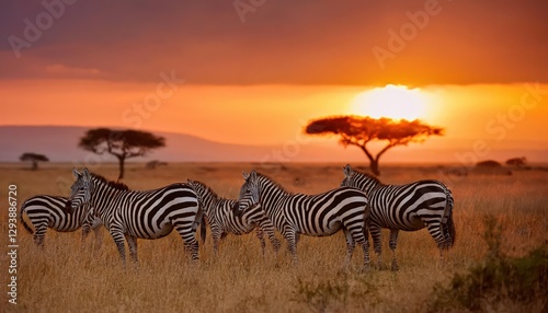 Zebras in African Savanna Sunset Dramatic Silhouettes against Vibrant Sky at Serengeti National Park, Tanzania