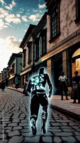 Wallpaper Mural A character with glowing elements runs energetically along a cobblestone street in a charming historic town just before sunset. The setting features old buildings and a picturesque sky. Torontodigital.ca