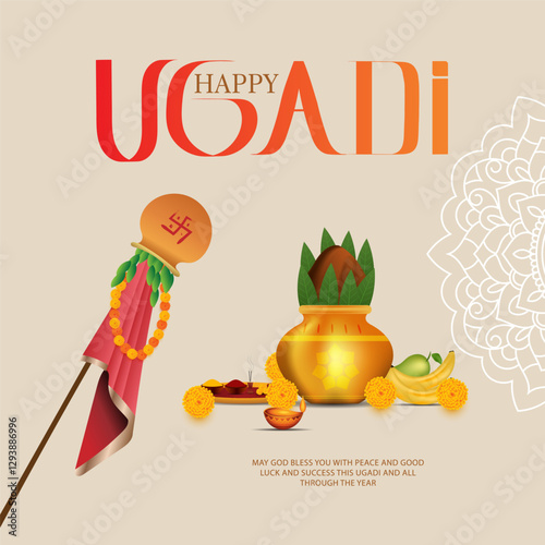  A Ugadi greeting with a Gudi a decorated pot and HAPPY UGADI text against a light background It also includes fruits a diya and a faint traditional design