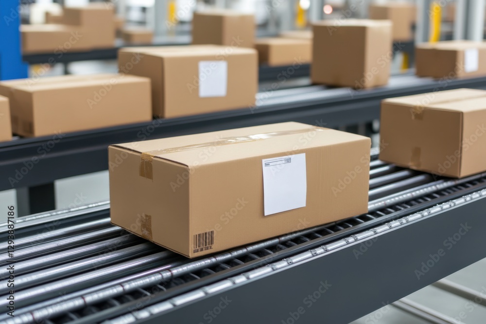 Cardboard boxes moving on a conveyor belt, inside a warehouse or distribution center. Cardboard boxes moving on a conveyor belt, inside a warehouse or distribution center.