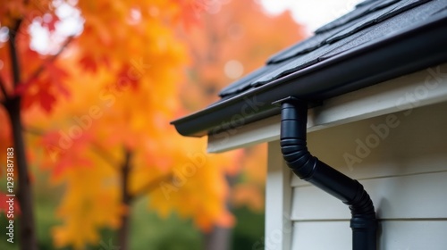 Wallpaper Mural Autumnal Hues and Architectural Detail A Close-Up View of a Dark-Colored Gutter System on a House with a Blurred Background of Vibrant Fall Foliage Torontodigital.ca