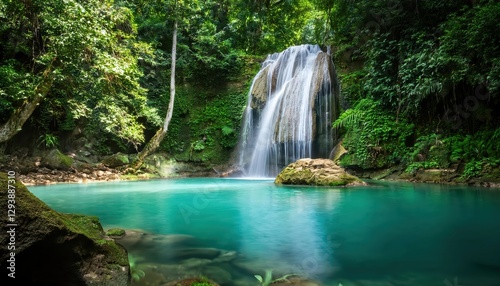 Tropical Tranquility Lush Jungle Waterfall Dripping into Secluded Pool, Embracing Peace and Serenity in Rich Rainforest Ambience
