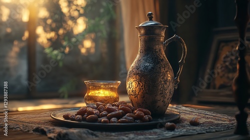 Evening Ramadan feast with dates, fruits, and drinks.