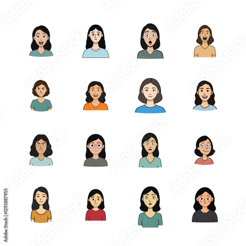 Vector illustration of 16 diverse female faces showing different emotions, perfect for avatars, UI design, stickers, and educational materials.