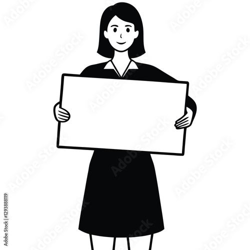 woman holding blank sign, simple line drawing, minimalist style, business attire, shoulder-length hair, frontal view, white background, Black and white illustration