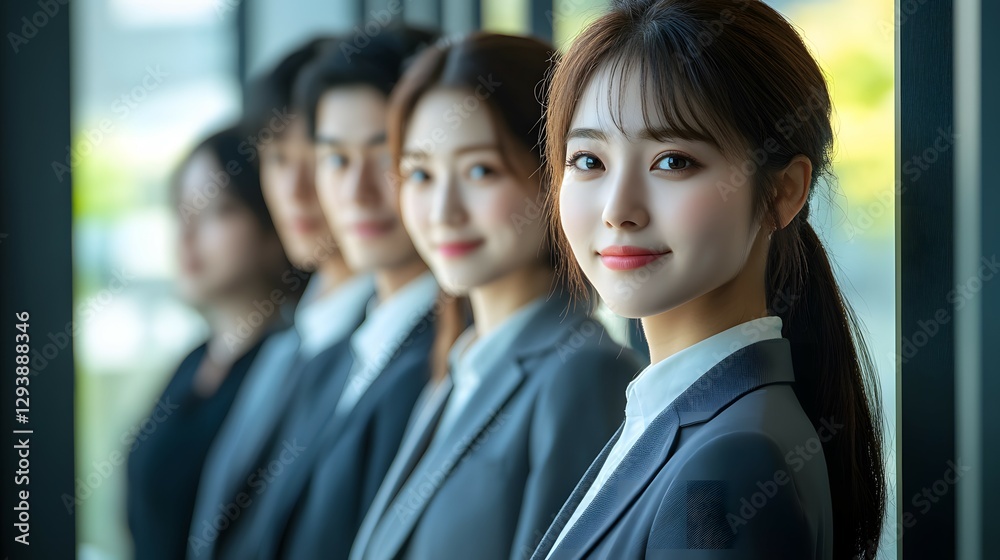A group of young business people standing in line, side view A group of young business people standing in line, side view
