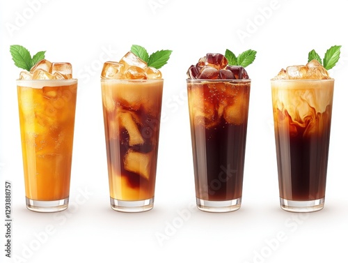 Wallpaper Mural Refreshing iced tea assortment in tall glasses with ice cubes and mint leaves on a clean white background studio shot perfect for summer Torontodigital.ca