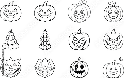 Halloween Jocko lantern Pumpkin Carving Designs Line Art Icons