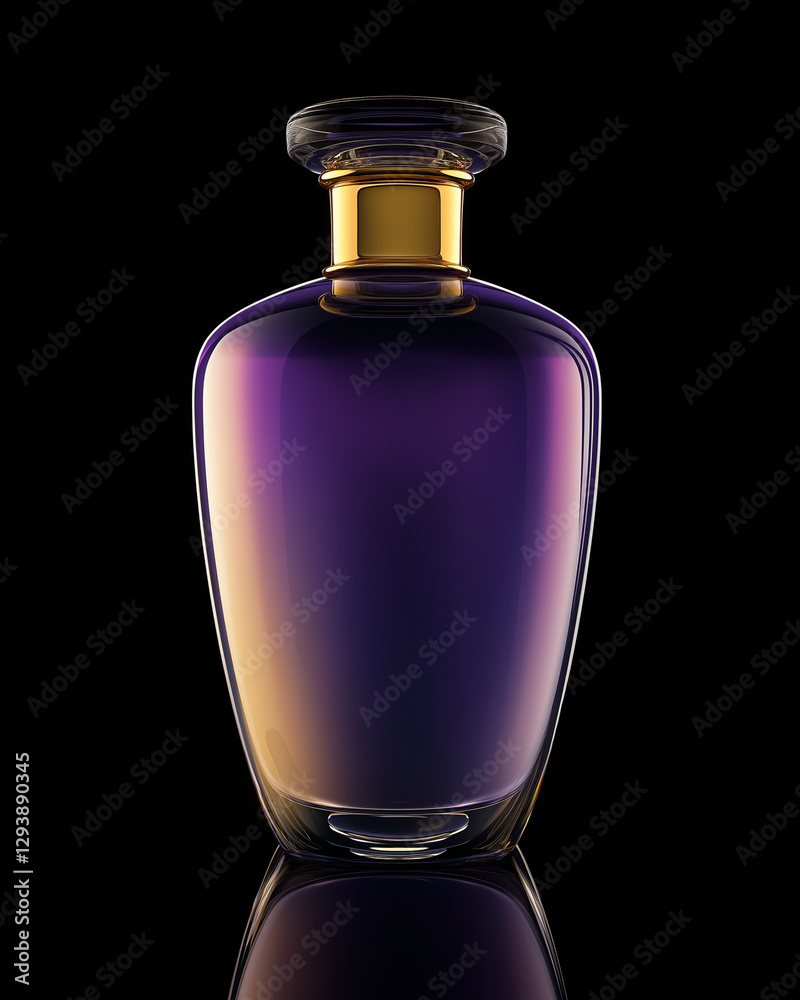 Elegante Parfümflasche mit violetter Flüssigkeit auf schwarzem Hintergrund, minimalistisches Produktfoto im Low-Key-Stil mit goldener Verschlusskappe Elegante Parfümflasche mit violetter Flüssigkeit auf schwarzem Hintergrund, minimalistisches Produktfoto im Low-Key-Stil mit goldener Verschlusskappe