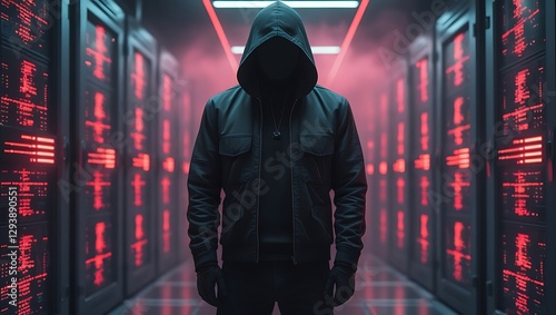 Anonymous Hacker in a Dark Server Room with red neon light – Cybersecurity Threat, Data Breach, and Digital Espionage – Hooded Figure with Backpack Amidst Glowing Code and Cyber Networks