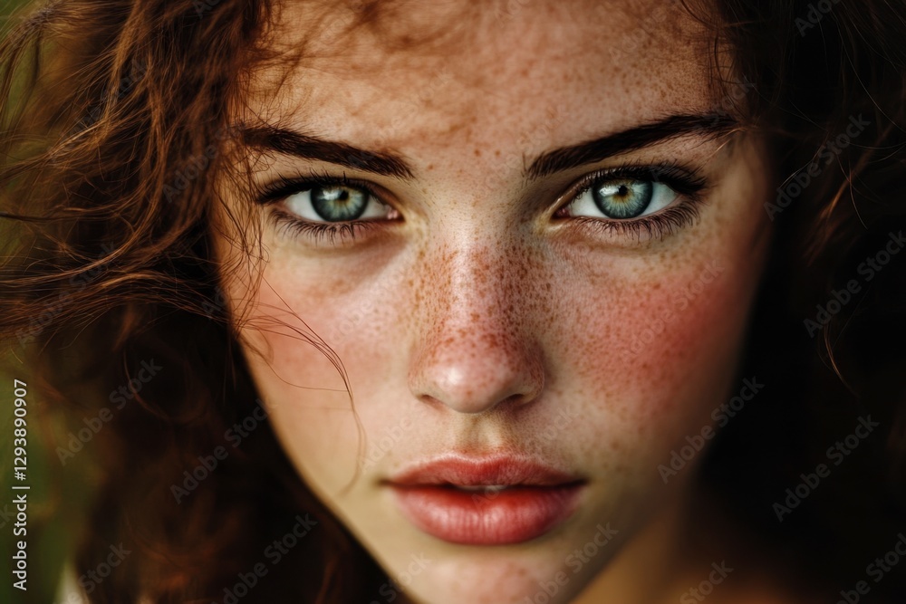 Striking portrait of a young woman with freckles, intense gaze, and auburn hair, radiating natural beauty Striking portrait of a young woman with freckles, intense gaze, and auburn hair, radiating natural beauty