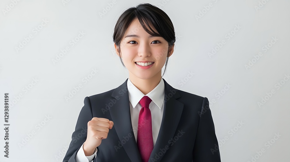 A professional portrait of a young beautiful woman, wearing a suit and tie, with a confident in of one hand fist-pumping pose and a smile on his face A professional portrait of a young beautiful woman, wearing a suit and tie, with a confident in of one hand fist-pumping pose and a smile on his face