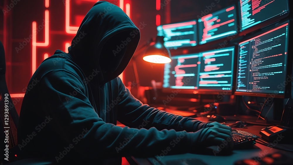 Fototapeta premium Hacker wears a dark hooded sweatshirt, the hood pulled over his head, casting deep shadows over his face with bright red neon light