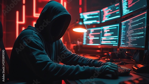 Hacker wears a dark hooded sweatshirt, the hood pulled over his head, casting deep shadows over his face with bright red neon light