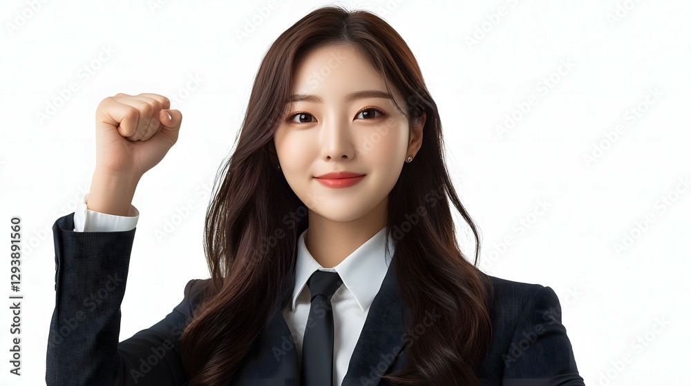A professional portrait of a young beautiful woman, wearing a suit and tie, with a confident in of one hand fist-pumping pose and a smile on his face A professional portrait of a young beautiful woman, wearing a suit and tie, with a confident in of one hand fist-pumping pose and a smile on his face