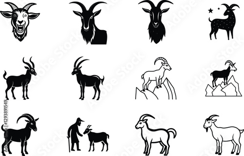 Goat Icons Diverse Styles, Black and White, Animal Illustrations