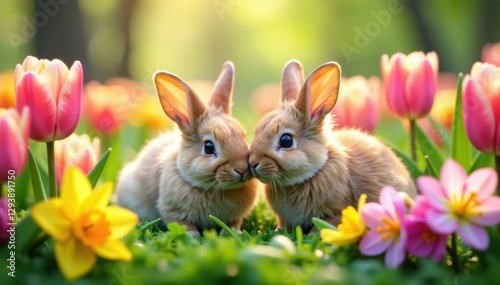 Fluffy bunnies nestled in tulips, daffodils, and hyacinths , cute, close-up, field
