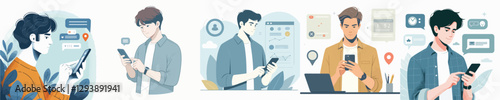 Vector of a young man checking the latest news on his phone.