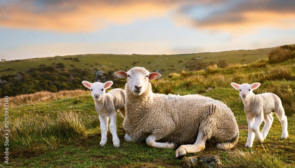 Three Playful Lambs Grazing in a Golden Meadow Underneath the Warm, Blue Sky with a Backdrop of Rolling Hills on a Sunlit Afternoon, Capturing the Innocence and Joy of Nature. Three Playful Lambs Grazing in a Golden Meadow Underneath the Warm, Blue Sky with a Backdrop of Rolling Hills on a Sunlit Afternoon, Capturing the Innocence and Joy of Nature.