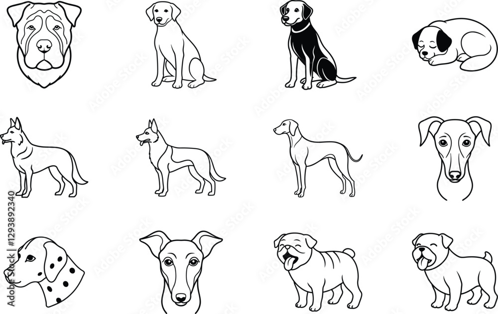 Fototapeta premium Dog Breeds Collection Linear Icons Set Vector Illustration
