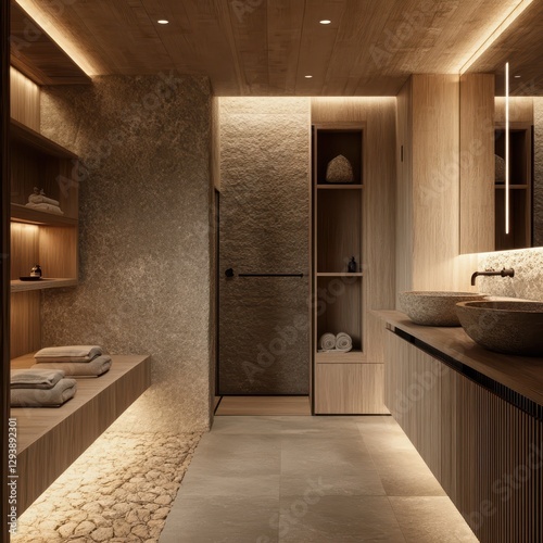 A modern bathroom with stone walls and wooden accents photo