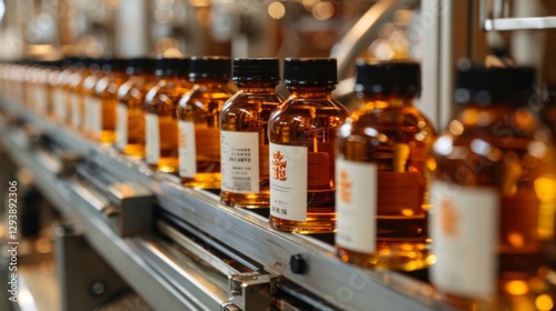 Wallpaper Mural A production facility showcases a row of amber liquid bottles on a conveyor belt, highlighting the packaging process in bright, industrial lighting. Torontodigital.ca