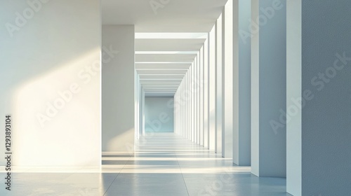 Modern Minimalist Interior with Long White Corridor and Natural Light