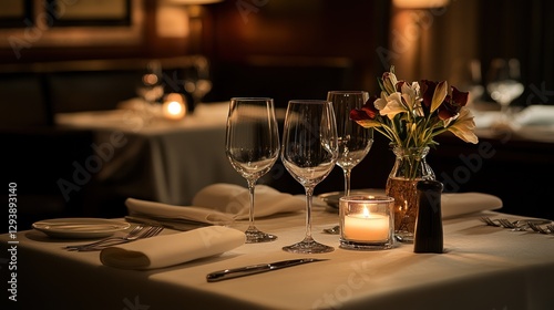 Elegant candlelit dinner setup with fine glassware and floral centerpiece for two people