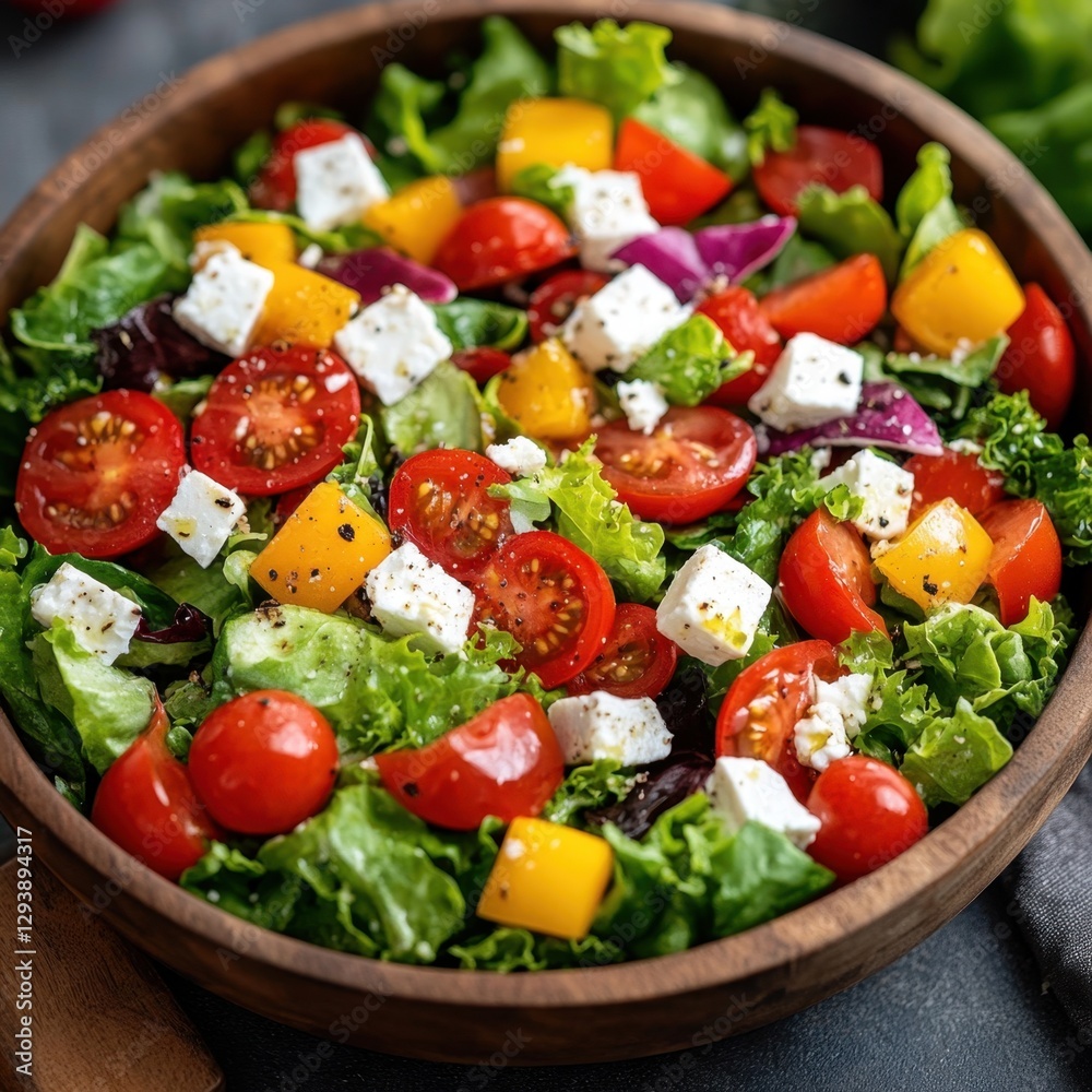 Fresh and Vibrant Salad in Wooden Bowl with Cherry Tomatoes Feta Cheese and Colorful Peppers Healthy Eating and Culinary Photography Fresh and Vibrant Salad in Wooden Bowl with Cherry Tomatoes Feta Cheese and Colorful Peppers Healthy Eating and Culinary Photography