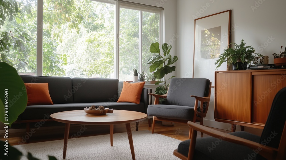 Fototapeta premium Interior serenity: A well-lit, inviting living room boasts modern decor, with a neutral palette and warm wood accents, featuring large windows offering views of the greenery outside.