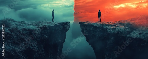 Digital artwork of two figures standing on a cliff, divided by a visual representation of political polarization, sharp contrast and emotional depth, ultrarealistic, 8K resolution