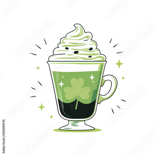 A festive green Irish coffee with whipped cream and a shamrock design, representing St. Patrick’s Day celebration, illustrated as a vector.