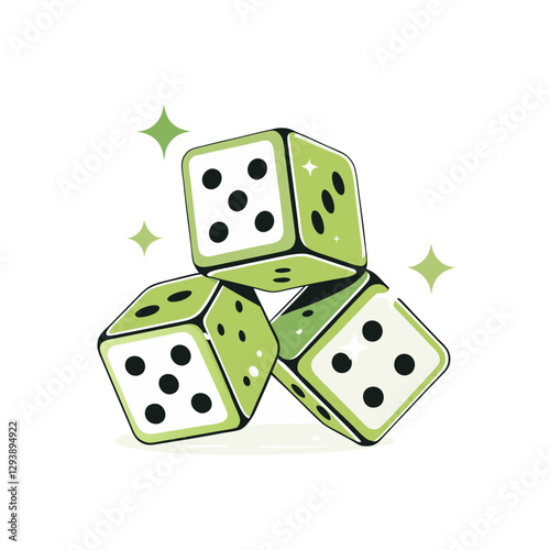 A stack of green dice with glowing sparkles, representing luck, gambling, and fortune, illustrated as a vector.
