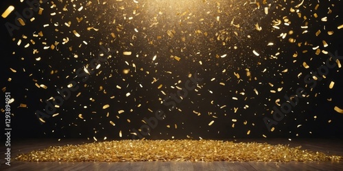Golden Spotlight Illuminates Dark Stage with Falling Confetti