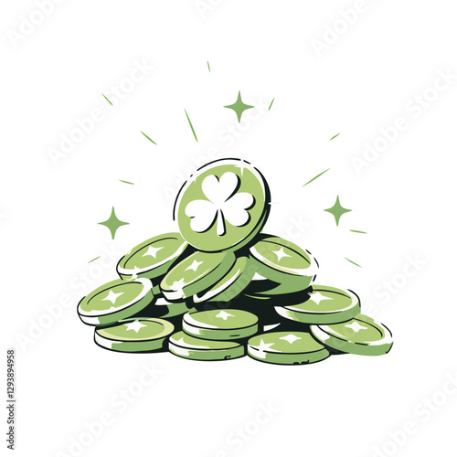 A pile of green shamrock coins sparkling with luck, symbolizing fortune, wealth, and St. Patrick’s Day magic, illustrated as a vector.
