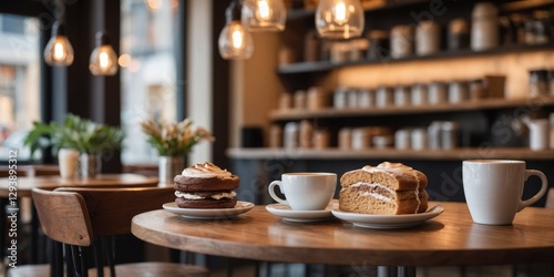 Wooden Table with Cups and Saucers for Coffee
