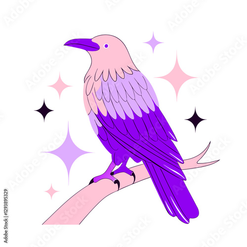 A vibrant purple raven perched on a branch, symbolizing mystery, magic, and fantasy in a modern and mystical style, illustrated as a vector.