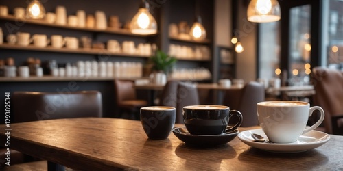Wooden Table with Cups and Saucers for Coffee