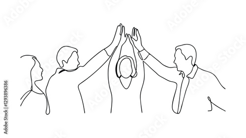 Singleline drawing of four business professionals celebrating a shared success with a high five. Illustrates teamwork, unity, and achievement.