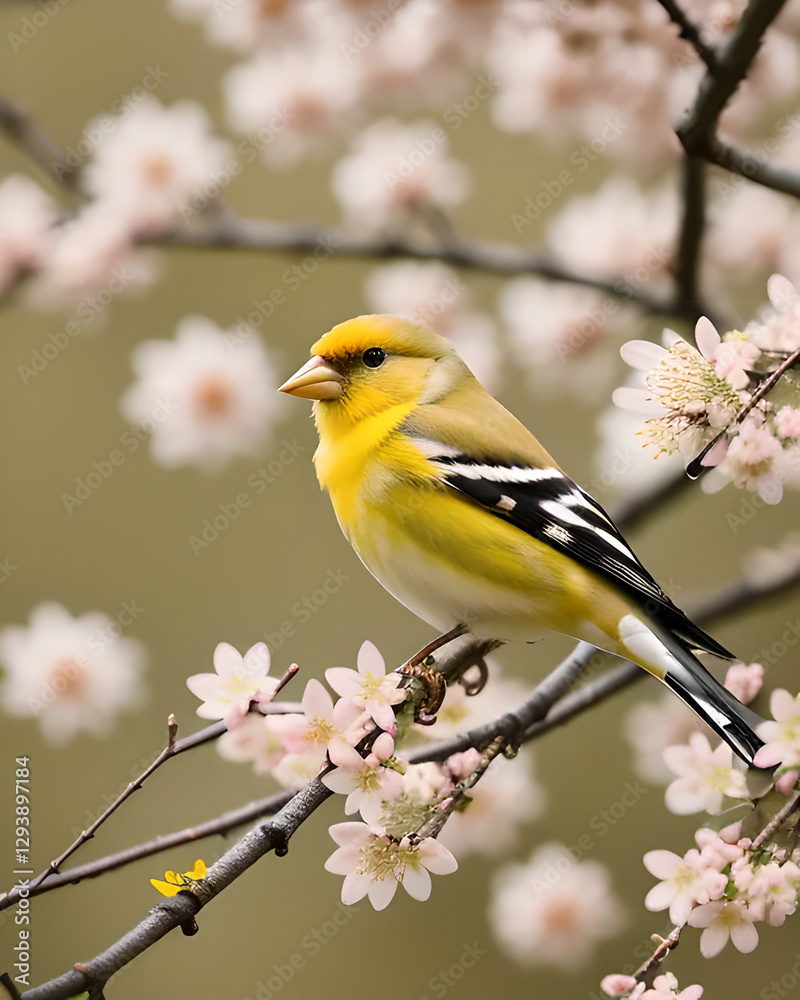 Primavera con alberi in fiore, cardellino posato su un ramo Primavera con alberi in fiore, cardellino posato su un ramo