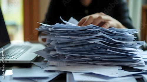 A business professional working at a desk with a laptop and financial documents. represents finance, accounting, bookkeeping, payroll management, tax audits, business administration, budget planning