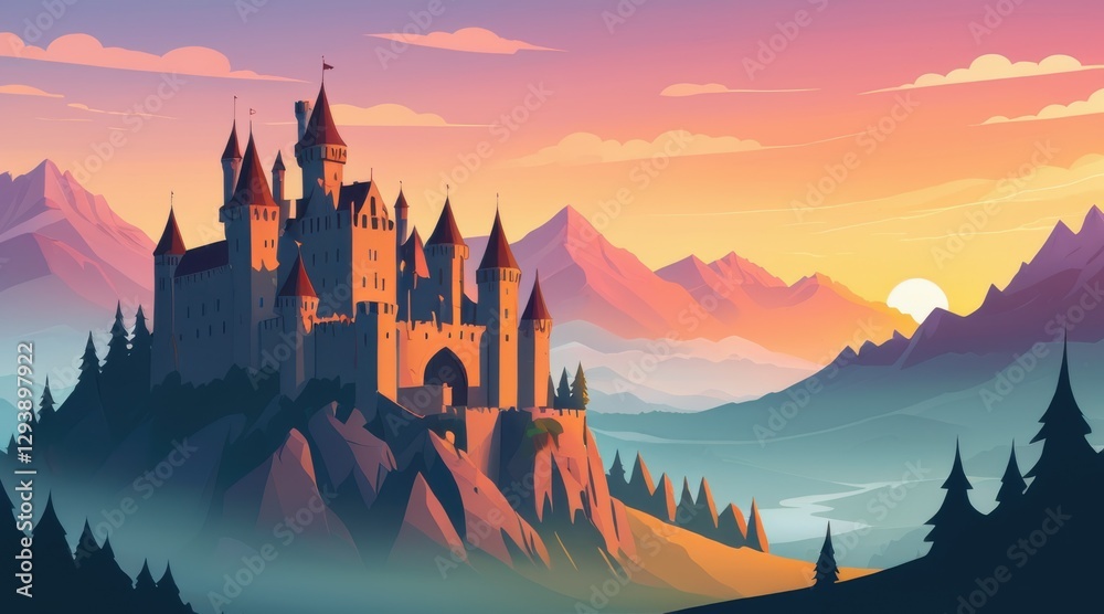 Naklejka premium Majestic Stone Castle at Sunset Pixel Art Landscape