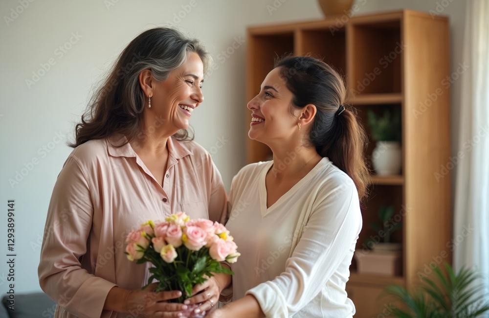 Young latin woman congratulates her elderly smiling mother with bouquet roses at home. Daughter gives flowers to happy senior mom. Family celebrates Mothers Day. Relations, love, care.