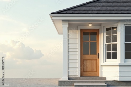 Serene Exterior of a White House with a Wooden Door and Bay Window