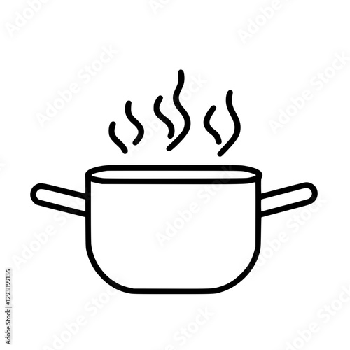 Cooking pot with steam icon in outline style representing kitchen cookware