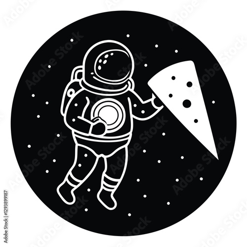 Cartoon astronaut, floating in space, circular composition, black and white illustration, 