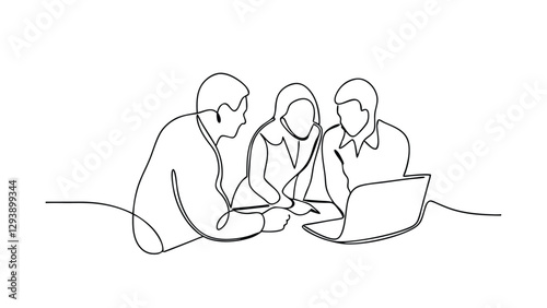 Teamwork Collaboration OneLine Drawing of Business People Meeting