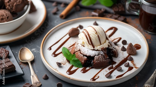 A close-up shot of a freshly baked chocolate lava cake, the gooey melted chocolate filling flowing onto the plate, topped with a scoop of vanilla ice cream slowly melting photo