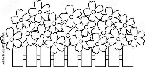 Spring flowerbed outline.
Garden Flower Group coloring page.
Spring cute Simple flowers.
Flat stock vector Isolated .
Transparent background.
